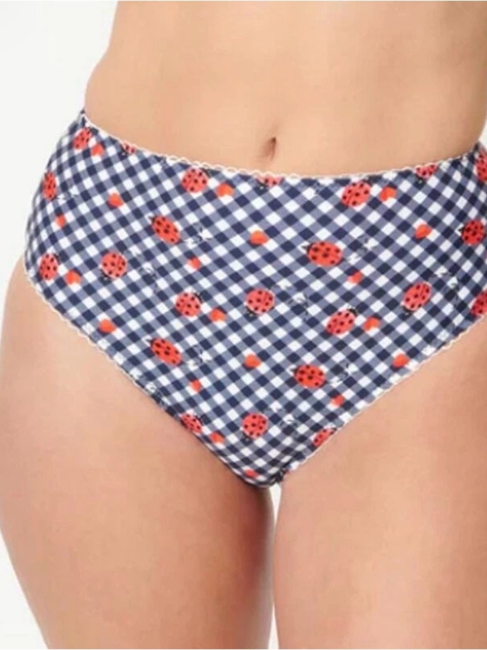 Unique Vintage Navy Gingham & Ladybug Print Daphne Swim Bottoms, Size L NWT